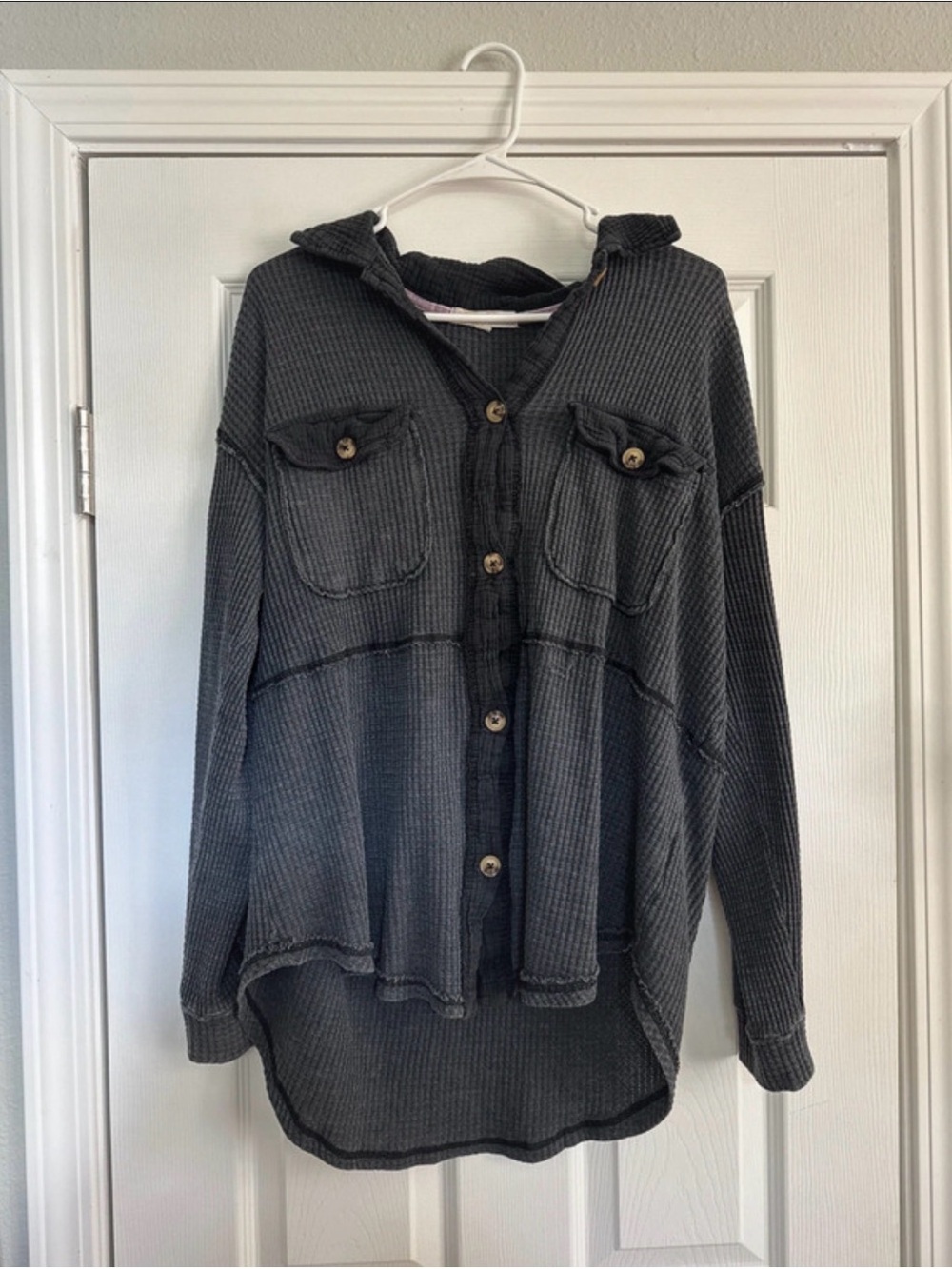 Rewind Charcoal Waffle-Knit Hooded Button Jacket
